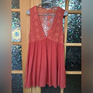 Boho Lace Babydoll Dress | Rust Red Sleeveless Deep V Floral Mesh Detail